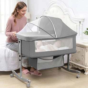 Lit de bébé Berceau cododo 3 en 1 mobile avec matelas, roues silencieuses et moustiquaire