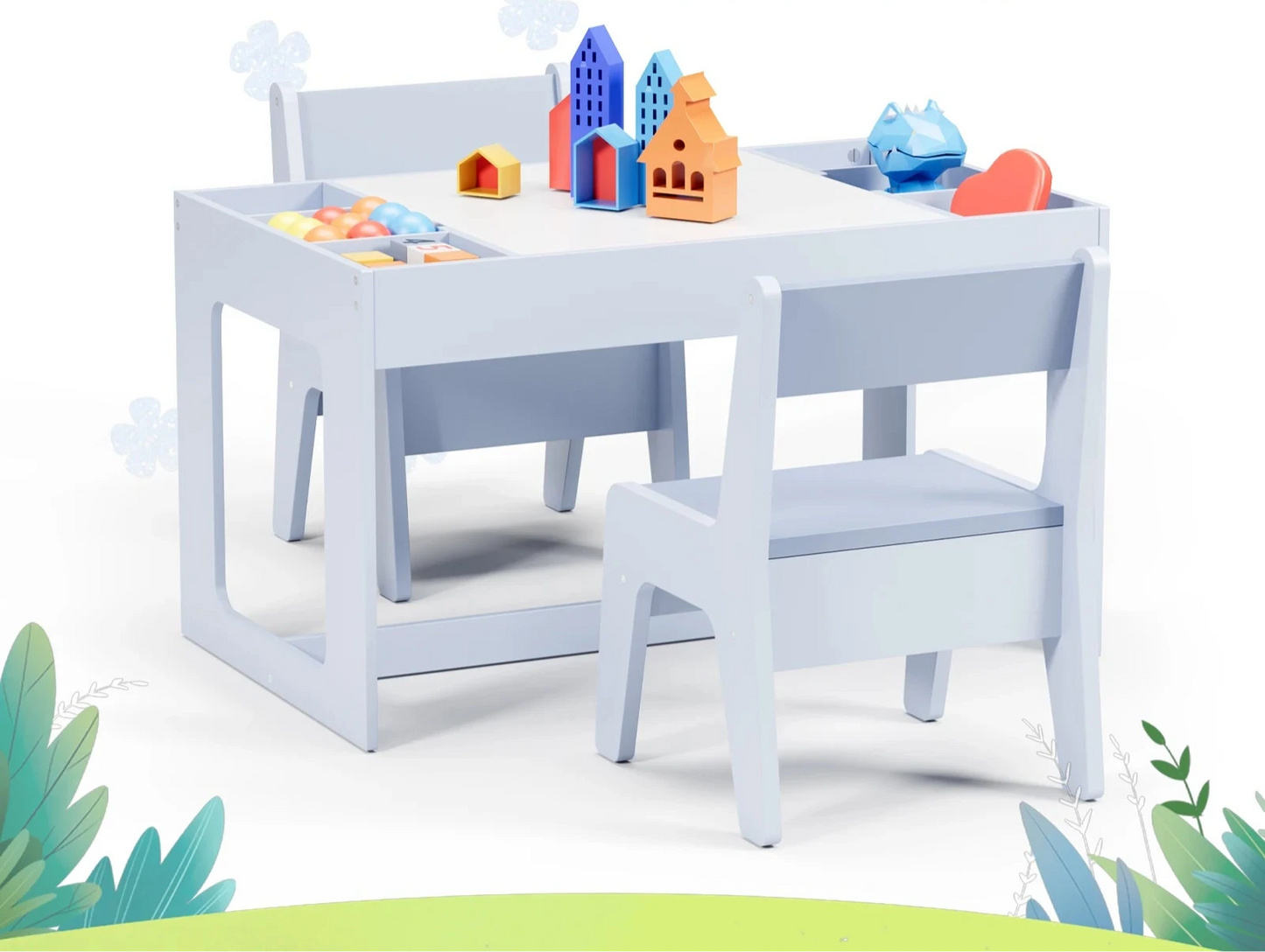 Ensemble Table 3 en 1 pour enfants, avec 2 chaises et espaces de rangement