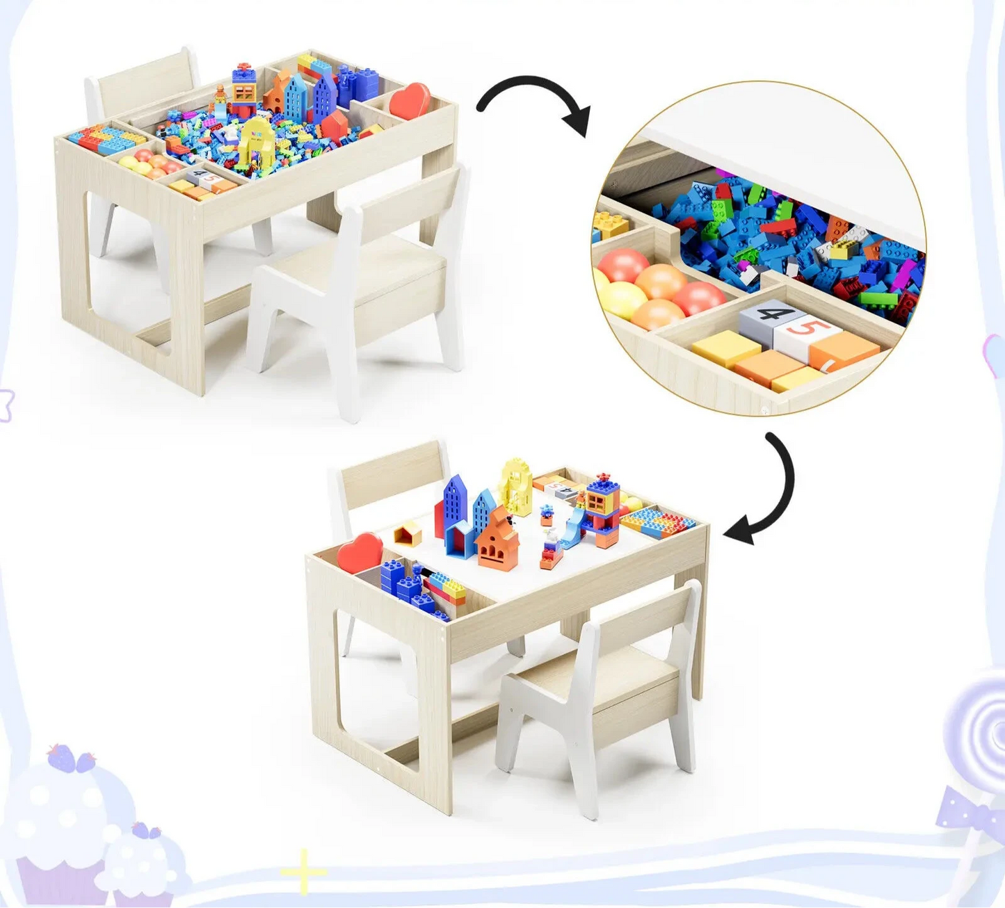 Ensemble Table 3 en 1 pour enfants, avec 2 chaises et espaces de rangement