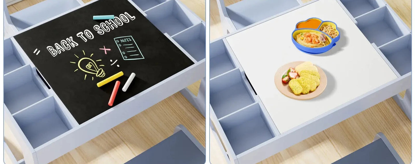 Ensemble Table 3 en 1 pour enfants, avec 2 chaises et espaces de rangement
