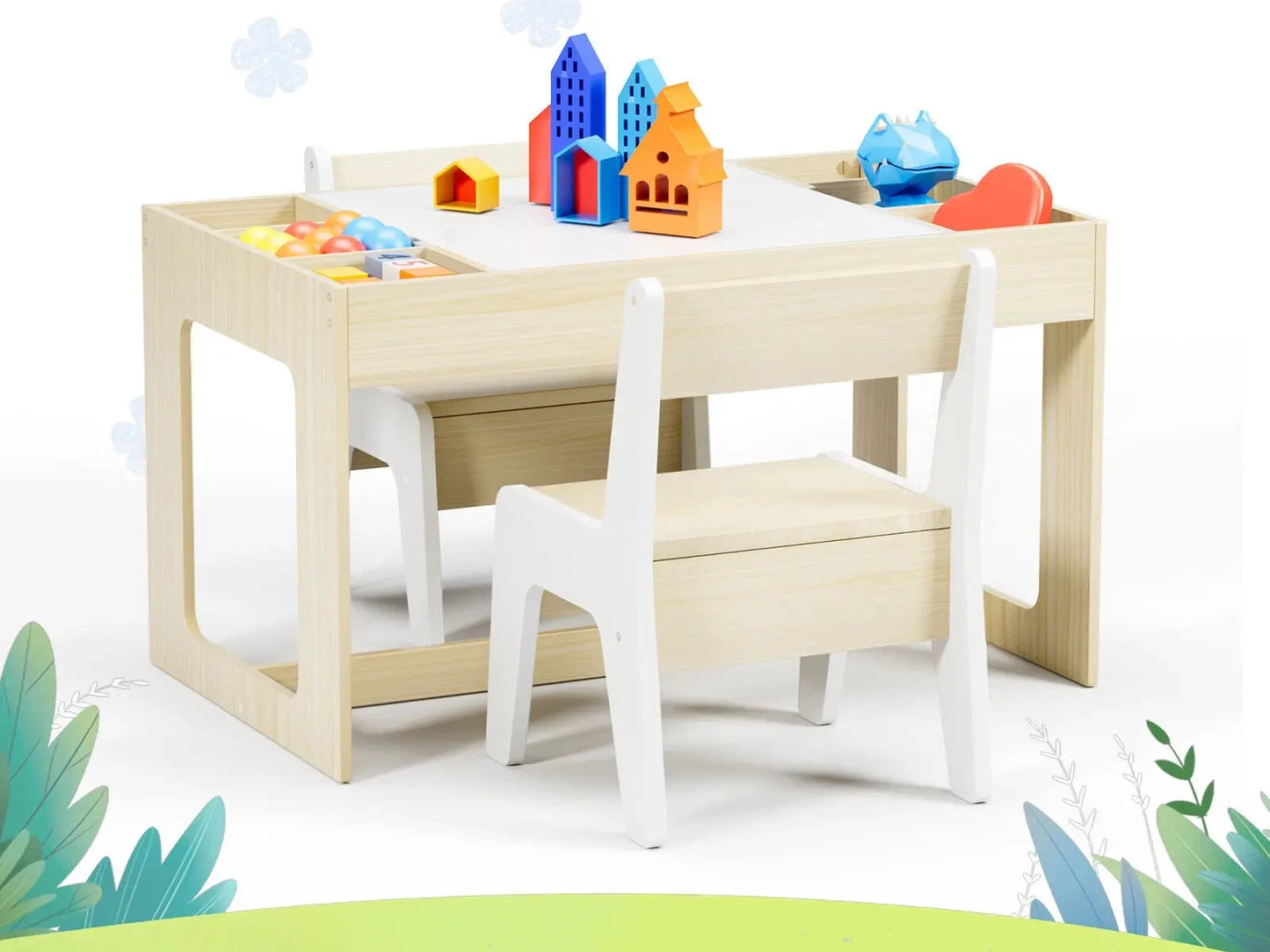 Ensemble Table 3 en 1 pour enfants, avec 2 chaises et espaces de rangement