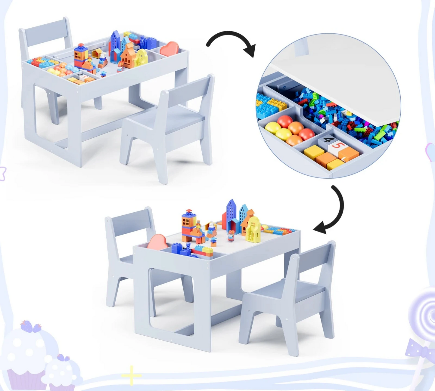 Ensemble Table 3 en 1 pour enfants, avec 2 chaises et espaces de rangement