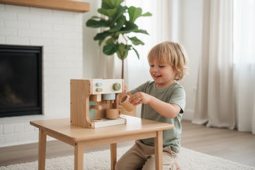 Enfant jouant avec une machine à café en bois réaliste