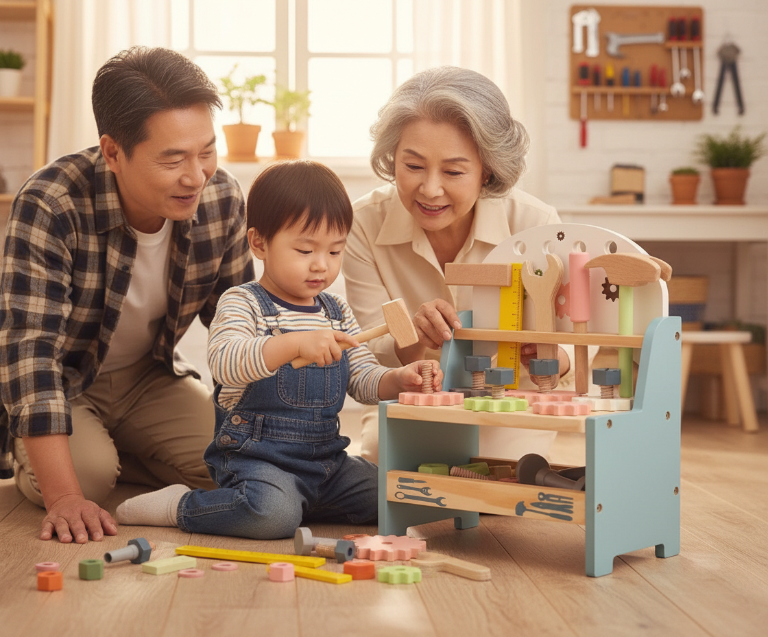 Enfant jouant à l'établi avec ses grands-parents