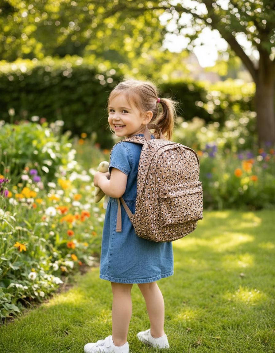 Fille avec sac à dos léopard