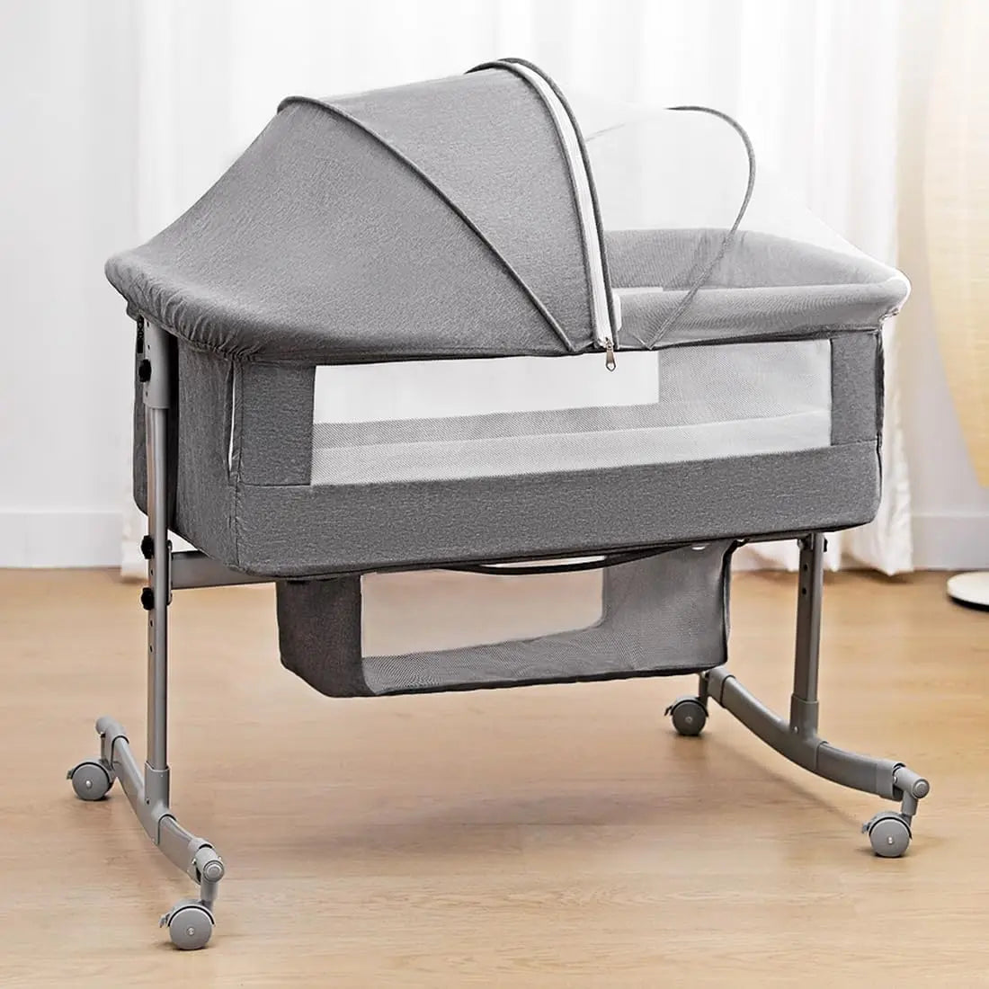 Lit de bébé Berceau cododo 3 en 1 mobile avec matelas, roues silencieuses et moustiquaire