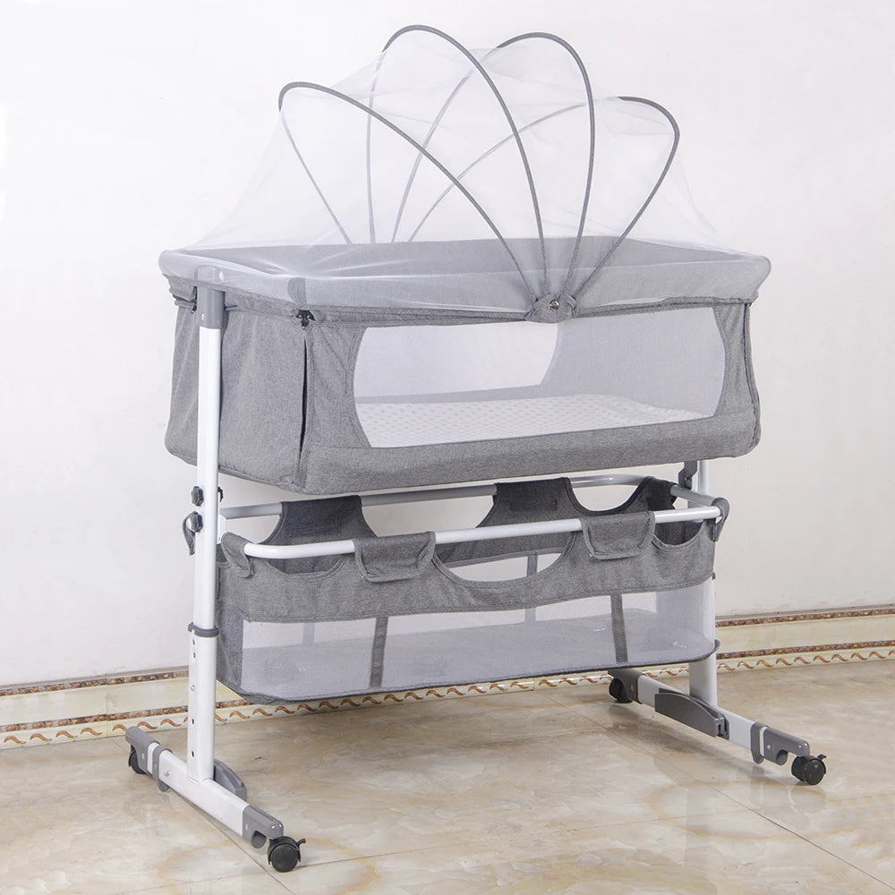 Lit bébé 3 en 1 berceau mobile, réglable avec moustiquaire, matelas, et panier de rangement