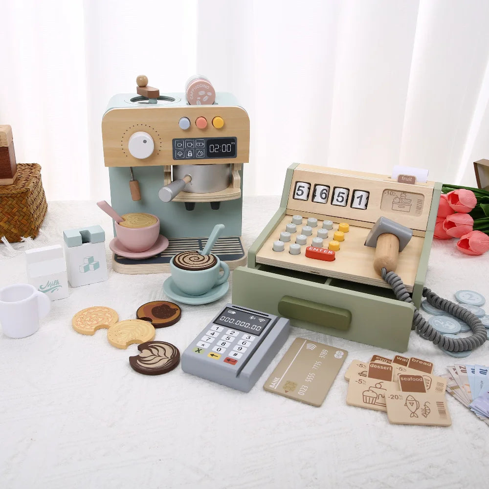 Jeux d'imitation en bois pour enfants - Machine à café et Caisse enregistreuse