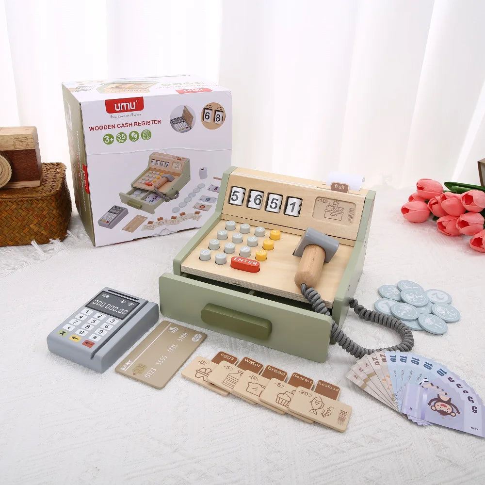 Jeux d'imitation en bois pour enfants - Machine à café et Caisse enregistreuse