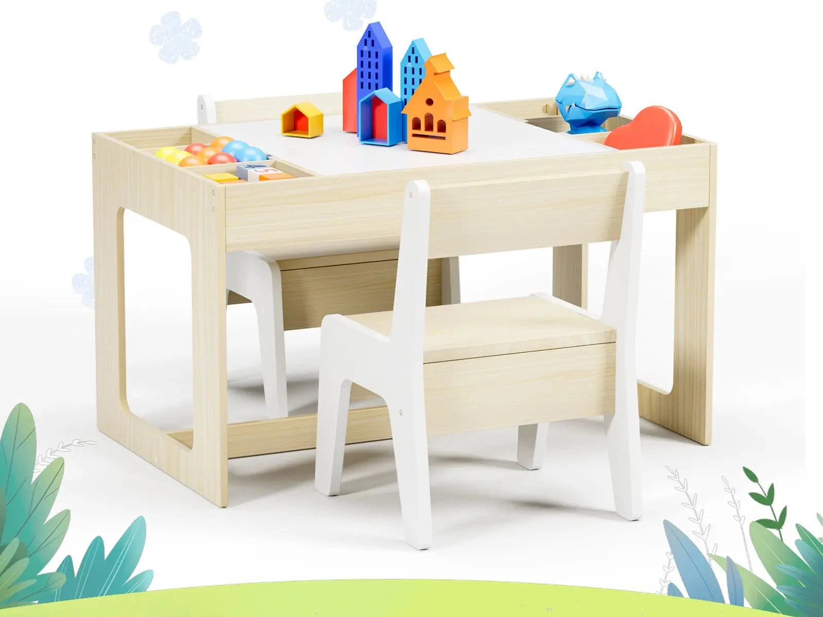 Ensemble Table 3 en 1 pour enfants, avec 2 chaises et espaces de rangement