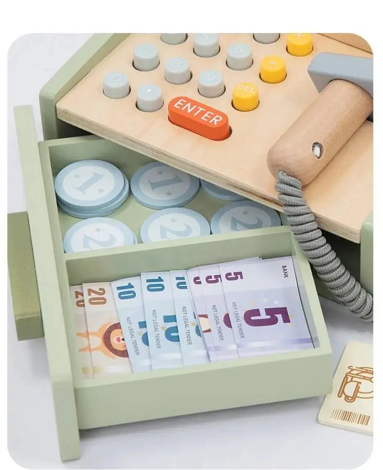 Jeux d'imitation en bois pour enfants - Machine à café et Caisse enregistreuse