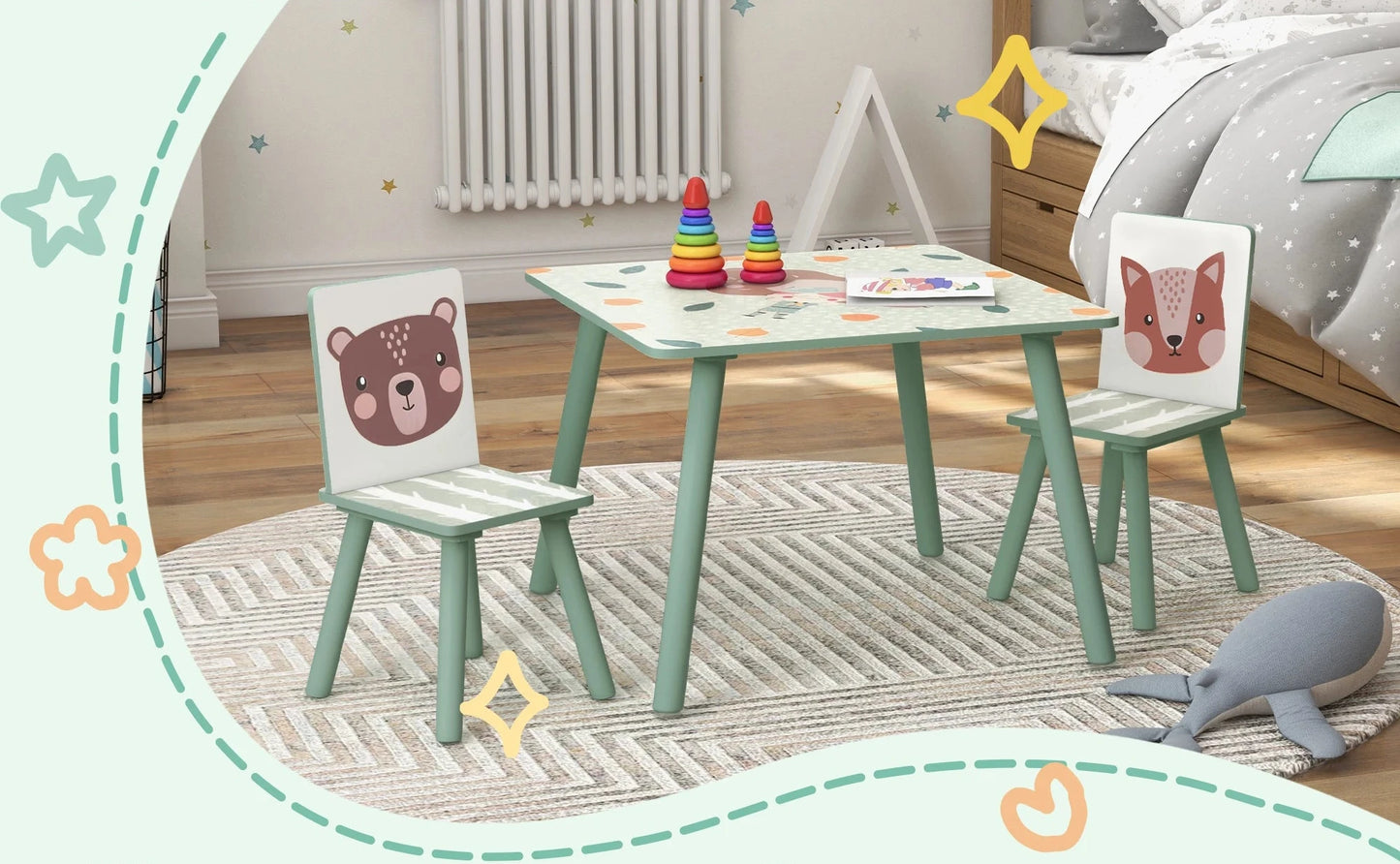 Table pour enfant motif animaux avec 2 chaises