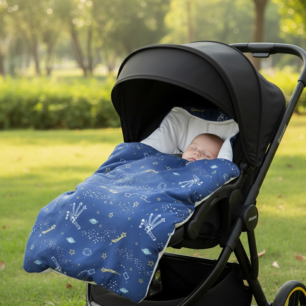 Bébé dans poussette avec couverture ciel étoilé