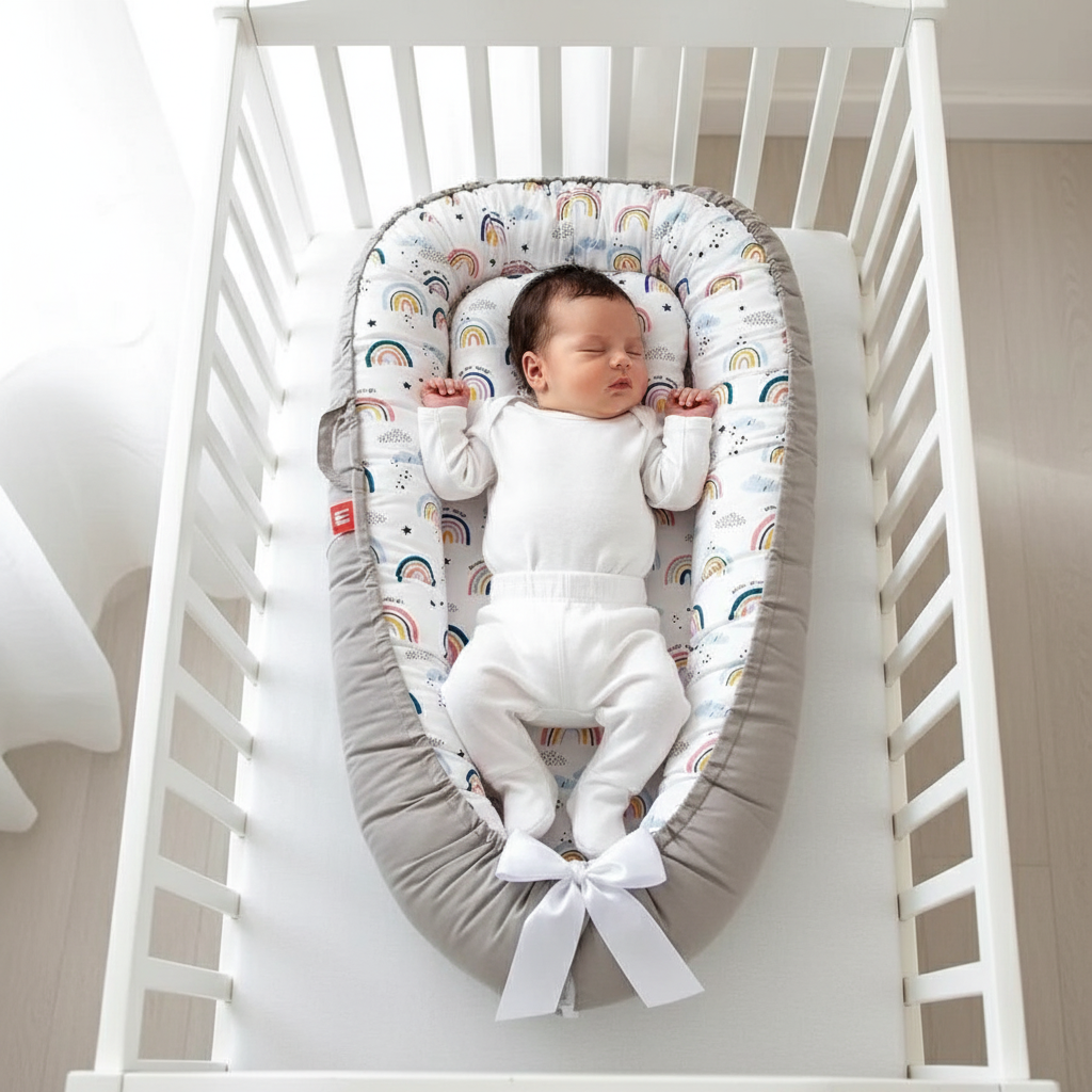 Bébé dans réducteur de lit arc-en-ciel