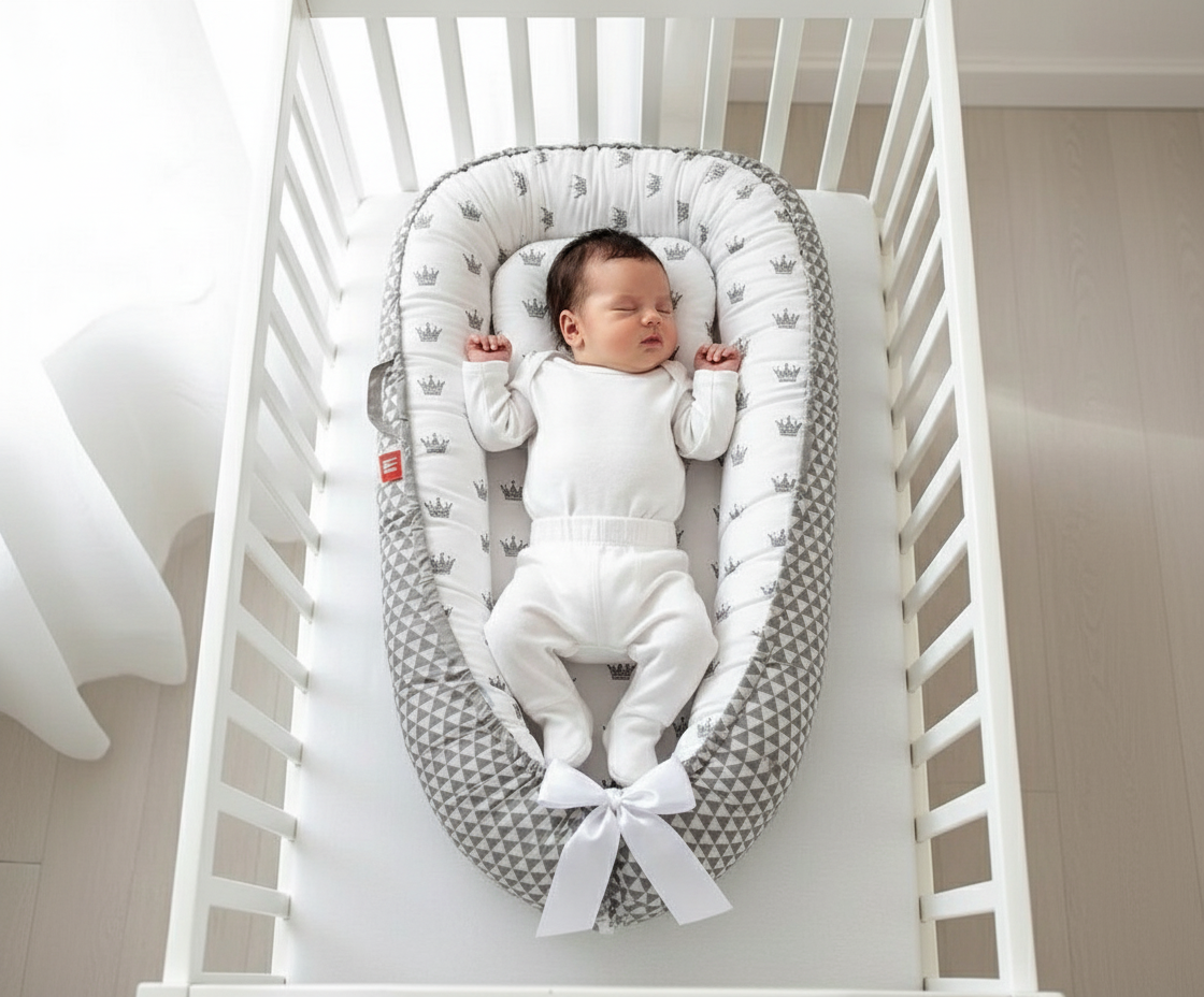 Bébé dans réducteur de lit avec couronnes