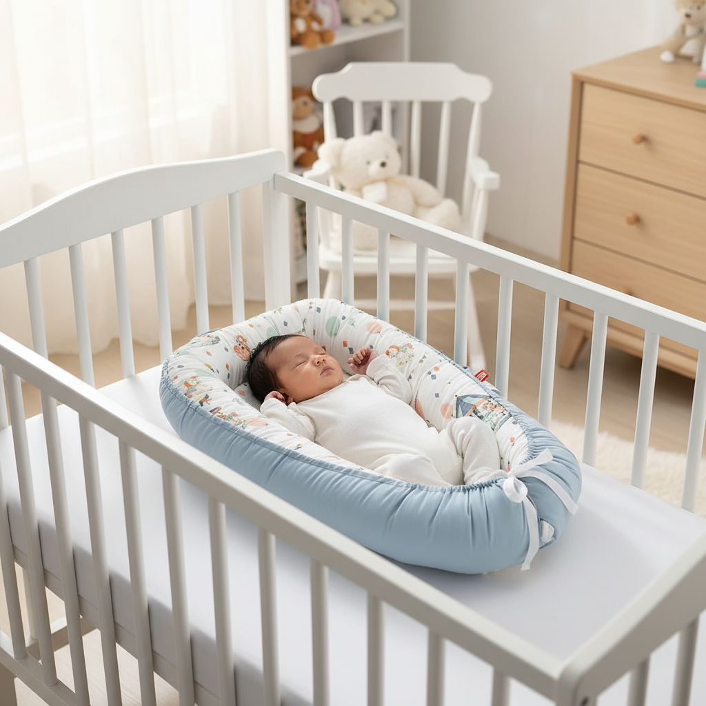 Bébé dans un réducteur de lit motif manège Petit Berceau