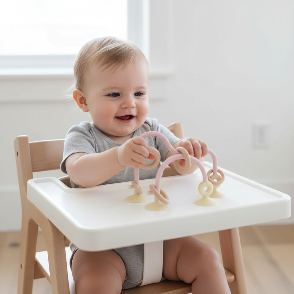 Bébé jouant avec jouet d'éveil sur chaise haute