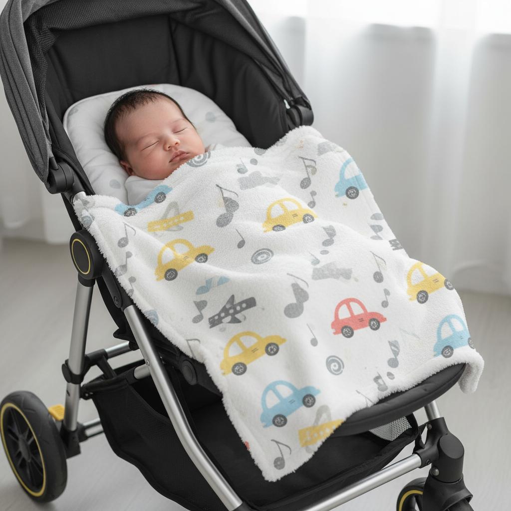 Couverture bébé avec motif voitures et bébé endormi