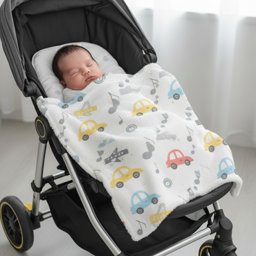 Couverture bébé avec motif voitures et bébé endormi