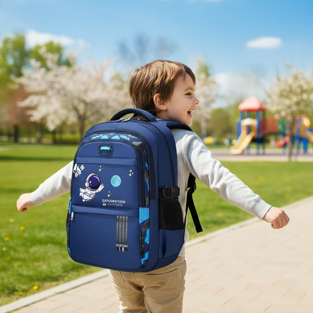 Enfant avec sac à dos astronaute sur le dos