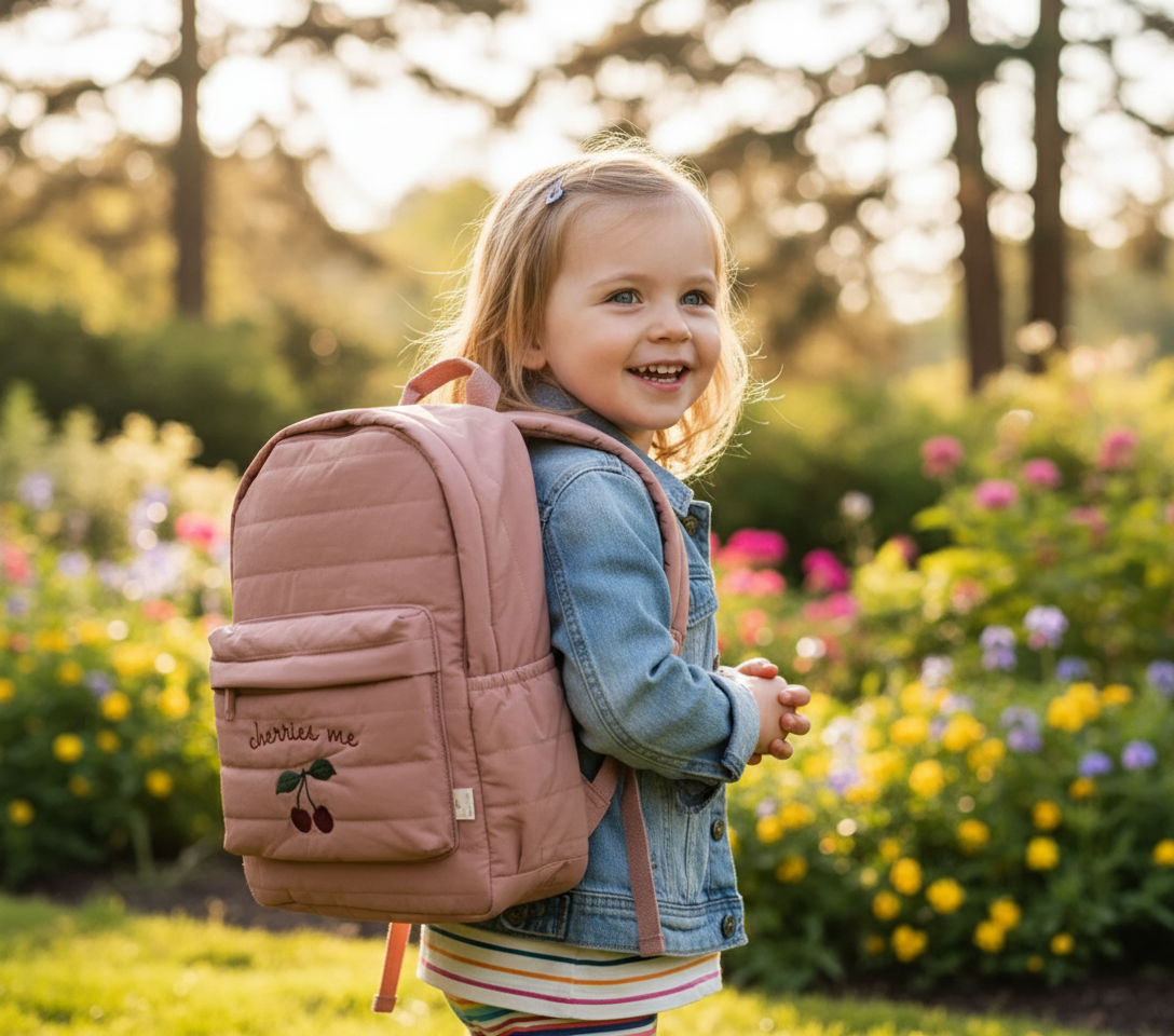Enfant avec sac à dos motifs fruits