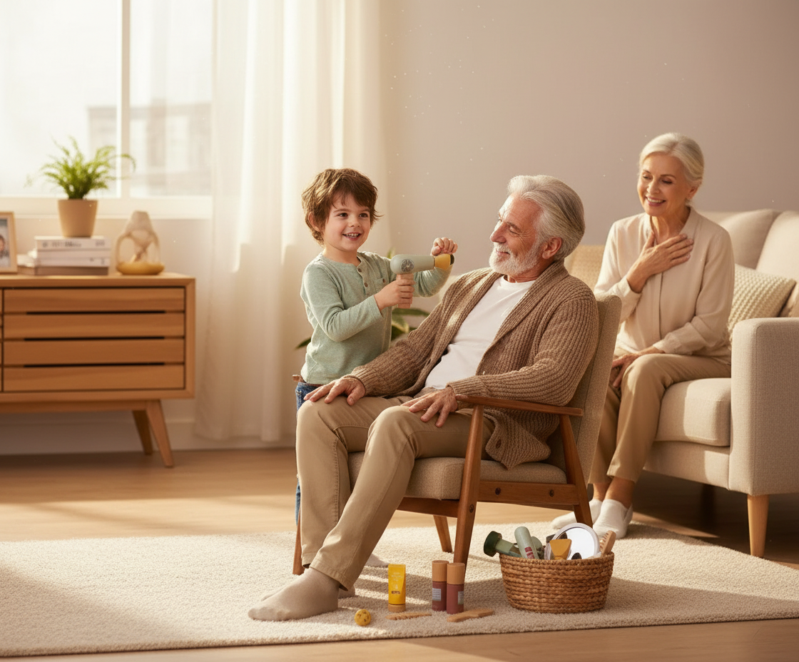 Enfant coiffant ses grands-parents