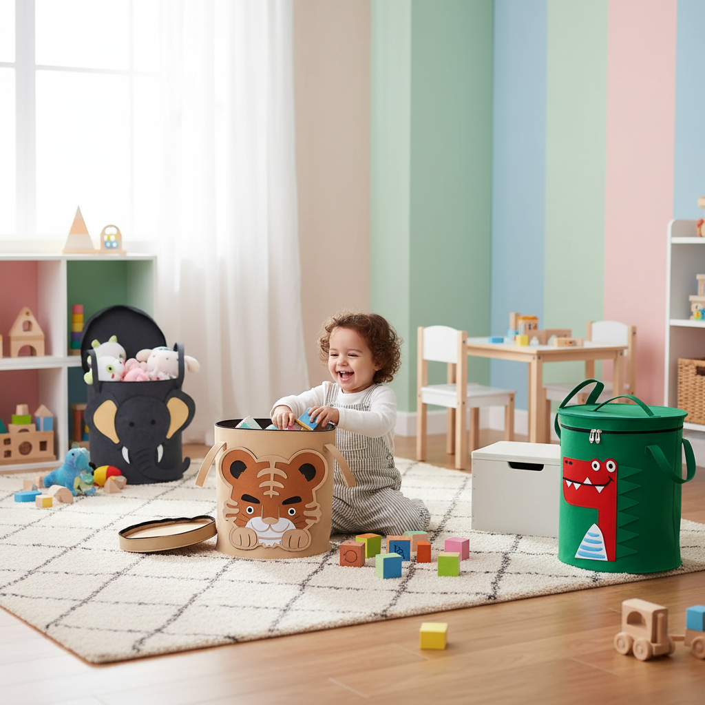 Enfant dans sa chambre avec paniers de rangement