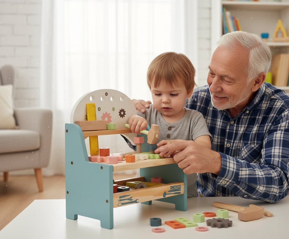 Enfant et grand-parent à l'établi