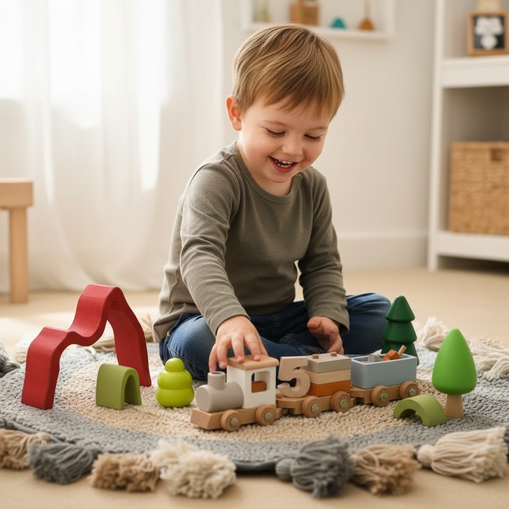 Enfant heureux jouant avec le train en bois