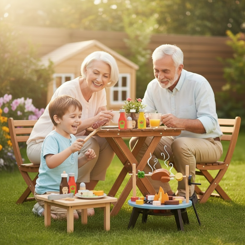 Enfant jouant au barbecue avec ses grands-parents