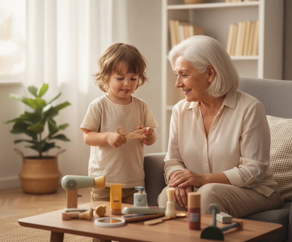 Enfant jouant au coiffeur avec ses grands-parents