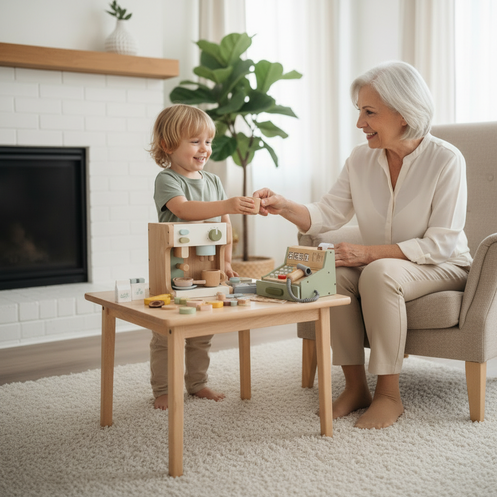 Enfant jouant au marchand avec ses grands-parents