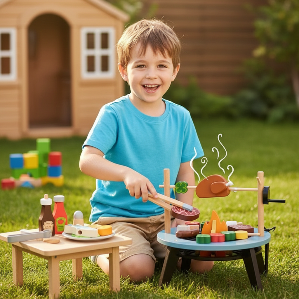 Enfant jouant avec l'ensemble de barbecue