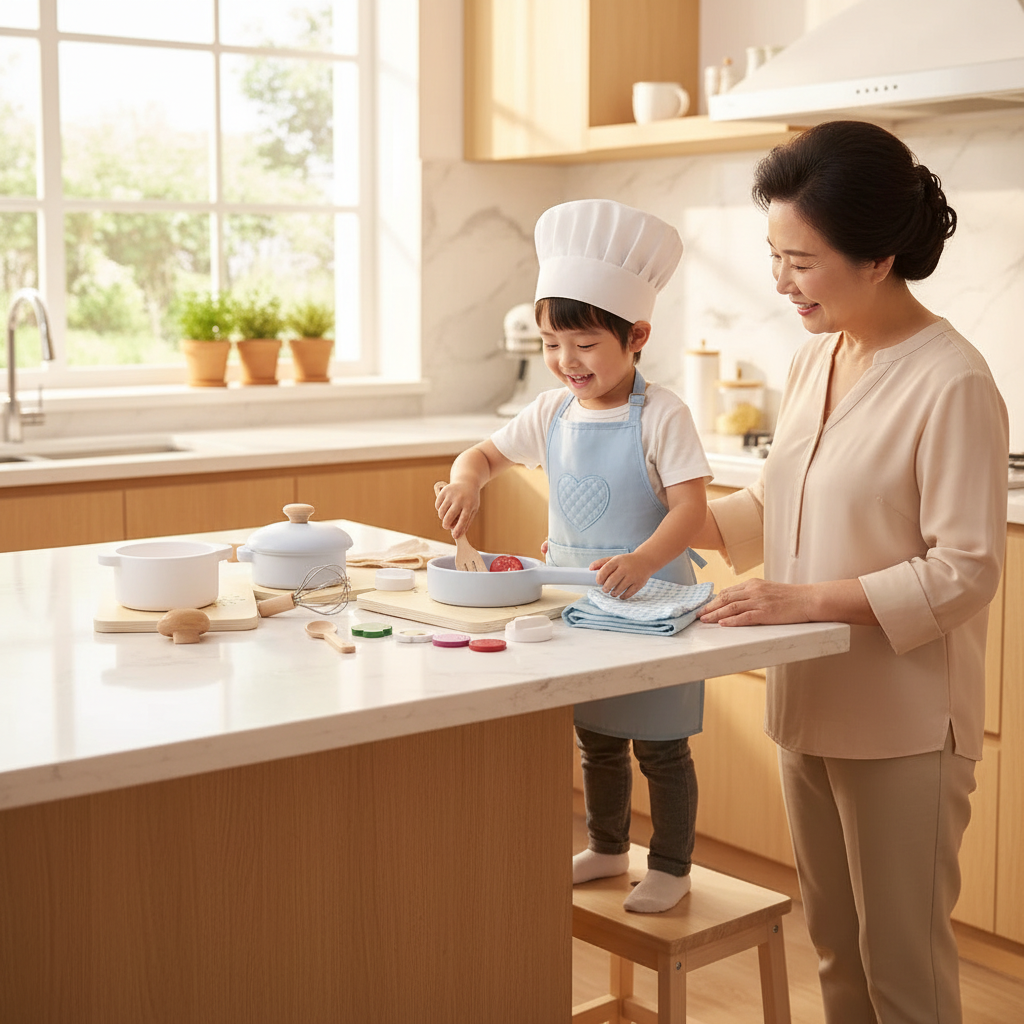 Enfant jouant avec ses grands-parents dans une cuisine