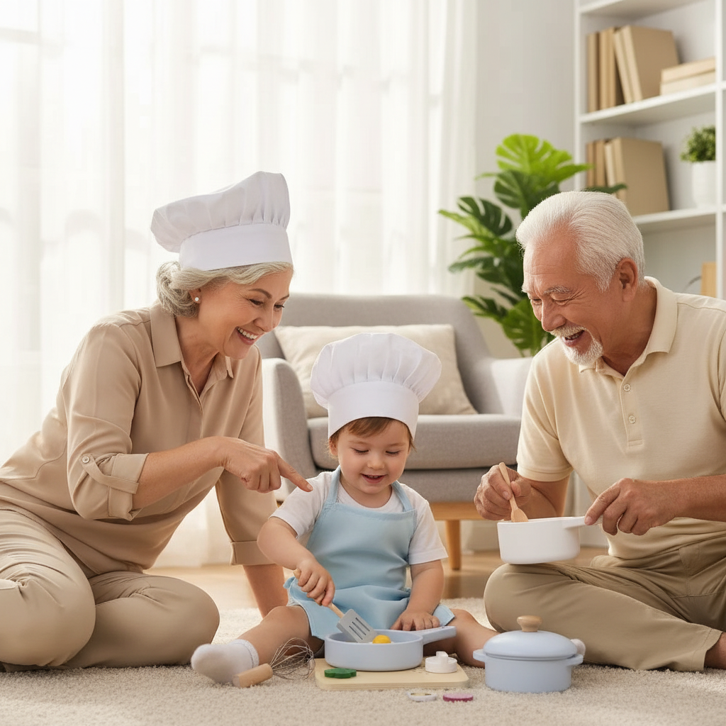 Enfant jouant à la cuisine avec ses grands-parents