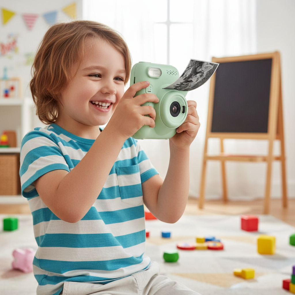 Enfant qui s'amuse avec l'appareil photo instantané