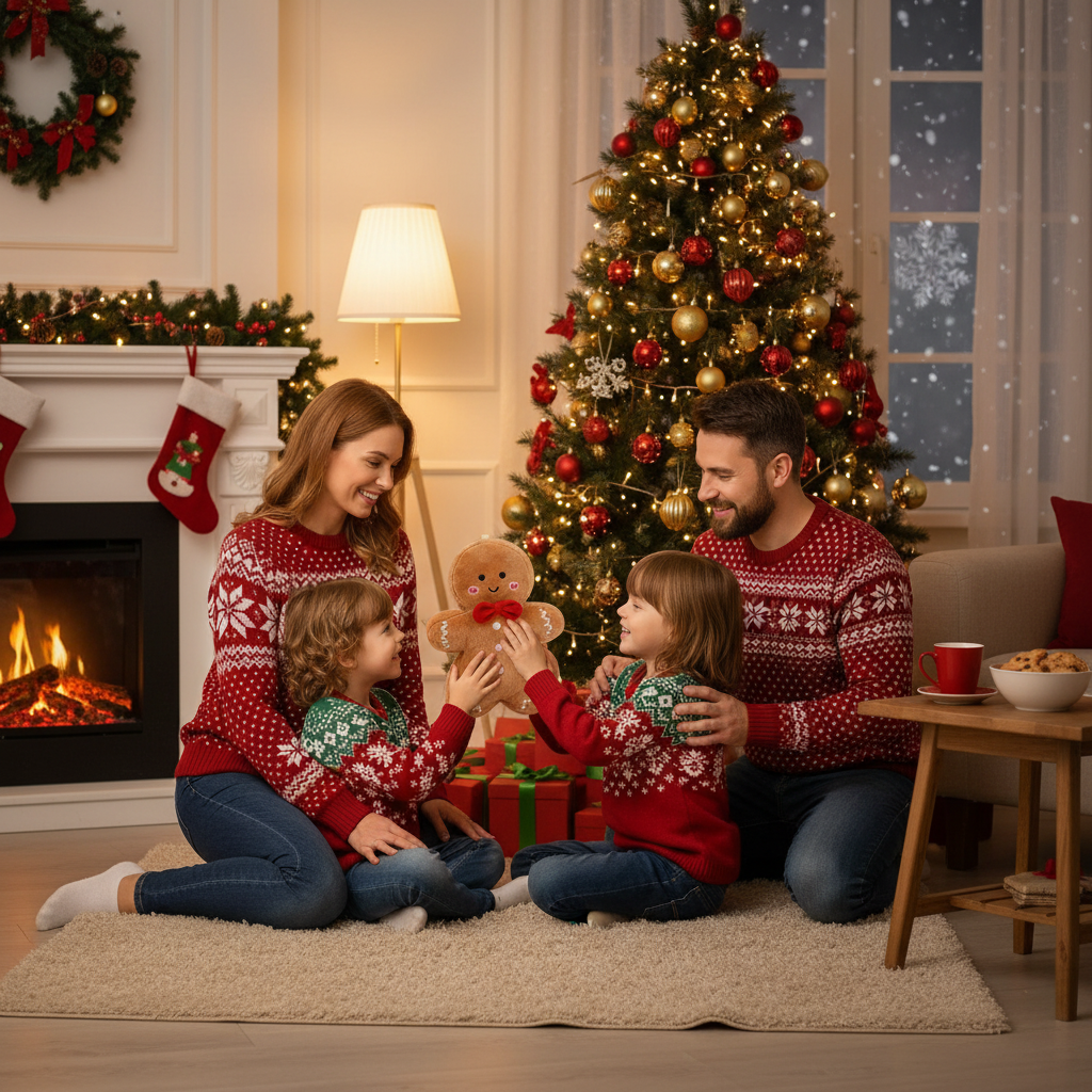 Famille de Noël avec bonhomme pain d'épice