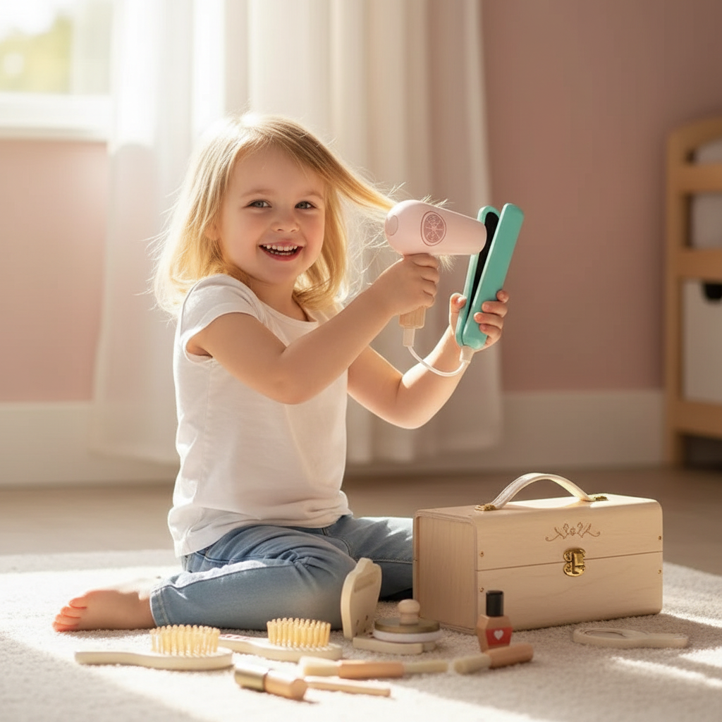 Fille jouant avec le coffret de beauté