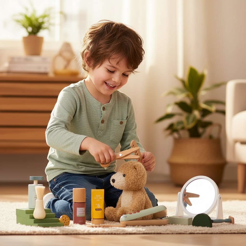 Garçon jouant avec le kit du coiffeur
