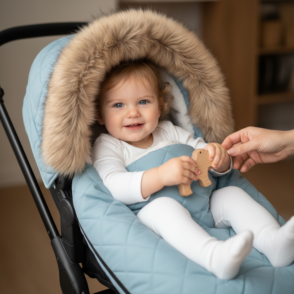 Poussette avec chauffe-pieds bleu - enfant différent