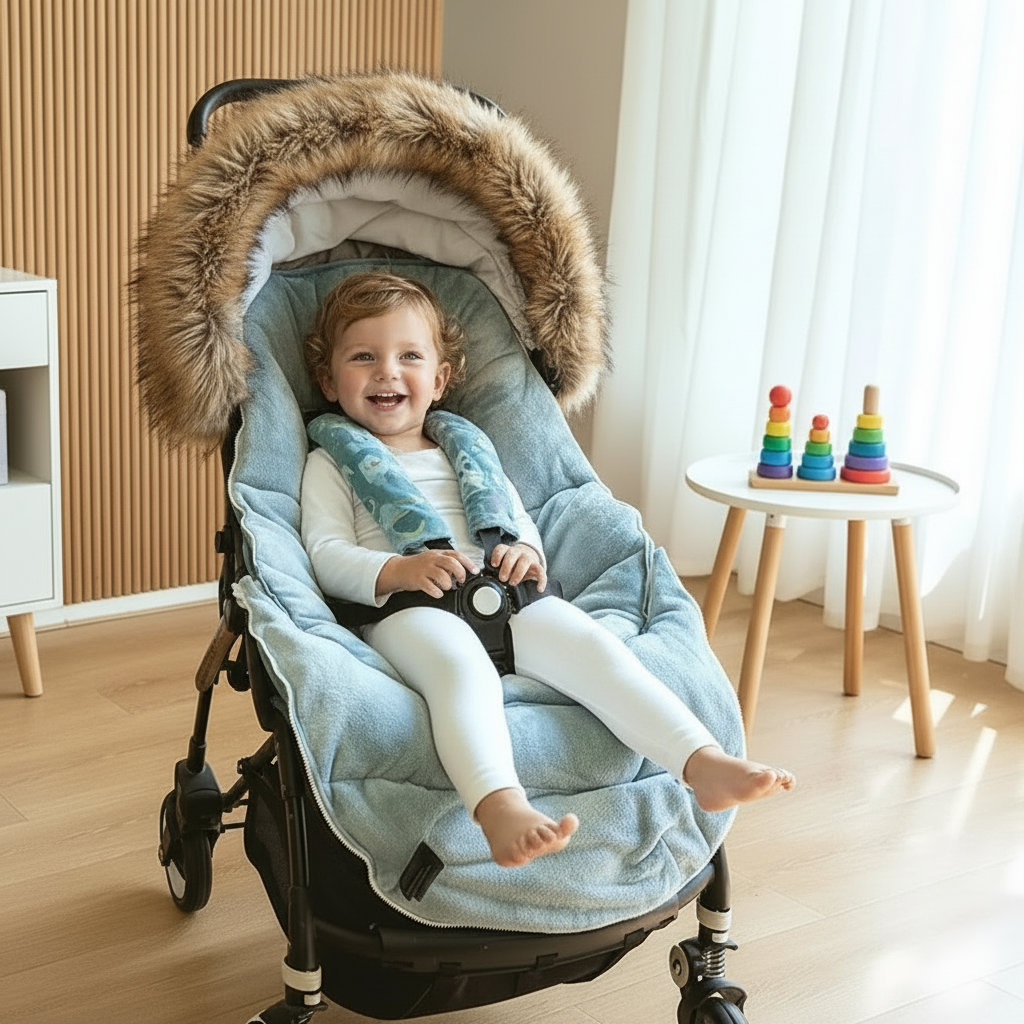 Poussette avec chauffe-pieds bleu - version modifiée