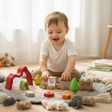 Tout-petit jouant avec le train en bois